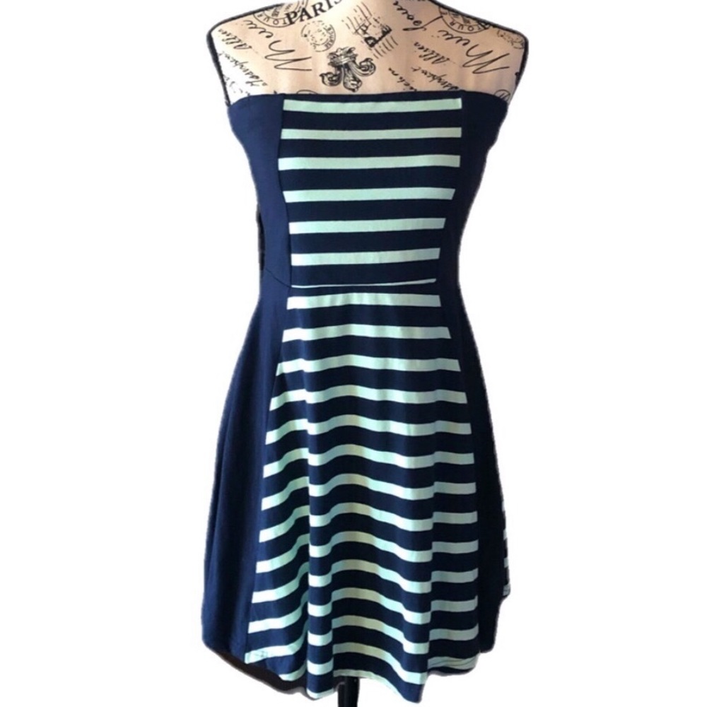 Express Mint Green & Navy Strapless Striped Dress
